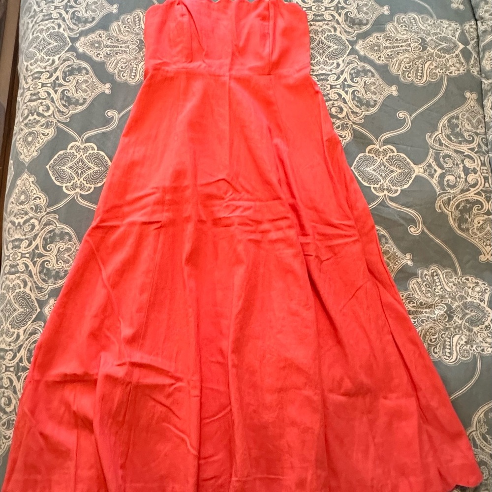 NWOT Gap linen blend coral midi dress, Scalloped square neck (never worn) size S - Picture 6 of 9